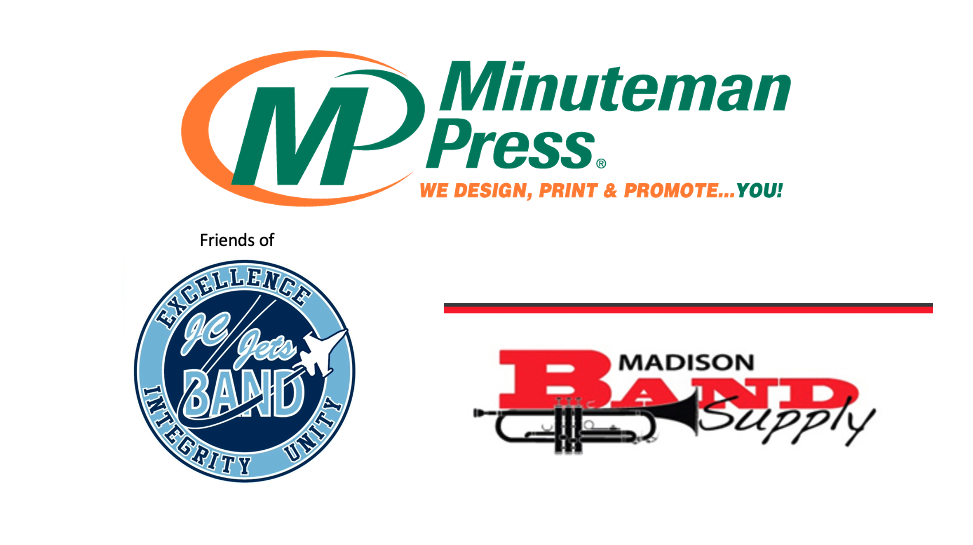 Friends of JC Jets and Minuteman Press and Madison Band Supply sponsors logos