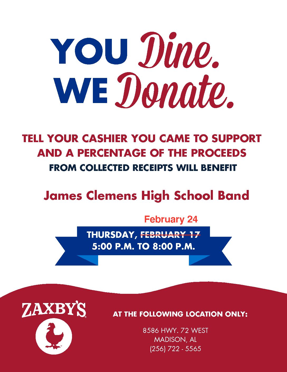 Zaxby’s Spirit Night Rescheduled for Feb 24 James Clemens High